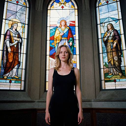 Photograph of a blonde woman in a black sleeveless dress, standing in front of vibrant, intricate stained-glass windows in a church.