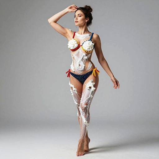 Photograph of a slender woman with dark hair in a messy bun, wearing a white-painted bikini with red and yellow bows, standing against a plain
