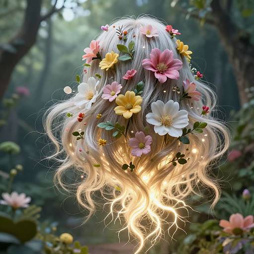 Digital art of a glowing, white-haired woman with wavy locks adorned in colorful flowers, roots illuminating from the bottom. Background: lush, forest
