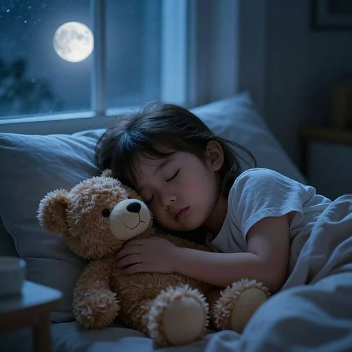 Photograph of a young Asian girl with black hair sleeping on a bed, hugging a brown teddy bear, under a blue moonlit window.
