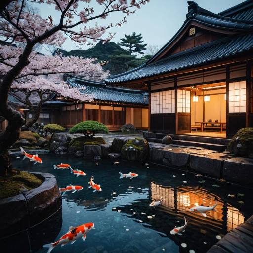 Traditional Japanese Inn with Koi Pond at Night
