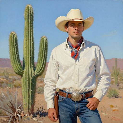 Photorealistic painting of a handsome, white man in a white cowboy hat, white shirt, blue jeans, and red bandana, standing in a