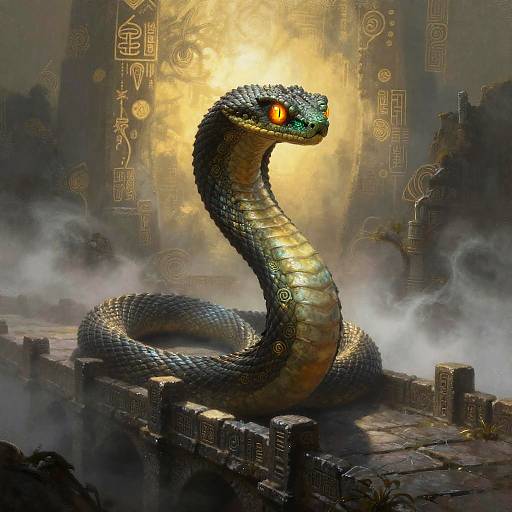 Mythic Basilisk on Ancient Stone Bridge