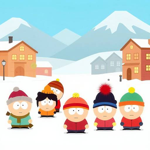 Digital cartoon: Five children in winter clothes stand in snow, with two houses and snowy mountains in the background. Bright colors, simple shapes, and cheerful