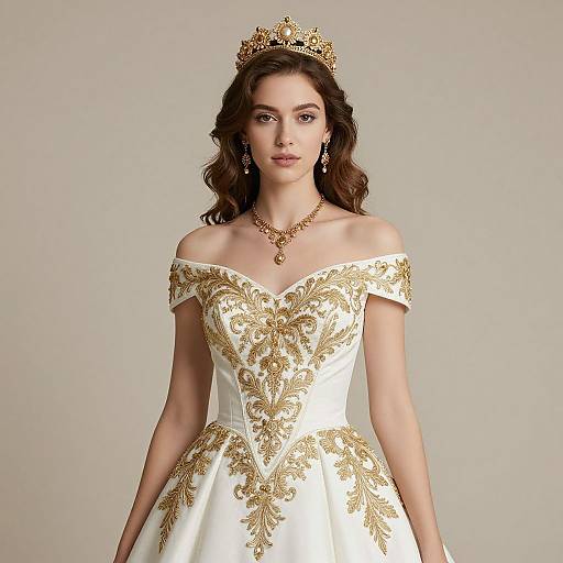 Elegant Woman in White and Gold Gown