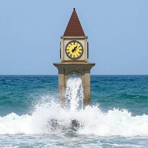 Photograph of a clock tower with a red roof, yellow clock face, and black hands, standing in the ocean with large white waves crashing around its