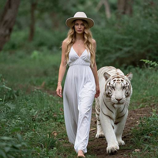 Photograph of a blonde woman in a white sundress and sunhat walking a white tiger through a lush, green forest.
