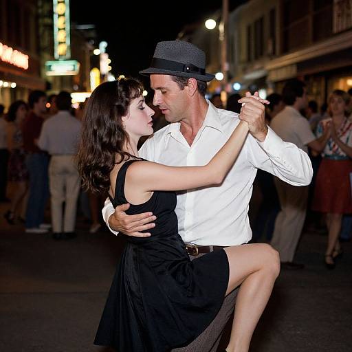Photograph of a passionate dance couple in a dimly-lit urban street at night, wearing black and white outfits, with the man in a hat