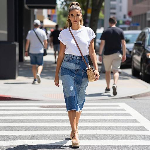 Stylish woman walking in city crosswalk