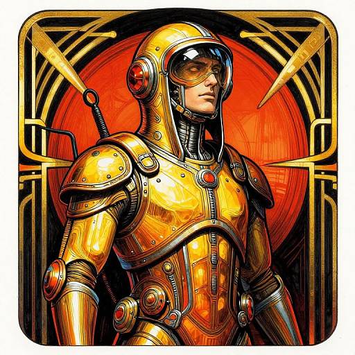 Digital comic-style illustration of a golden, armored robot man with a reflective visor, red circular background, and intricate golden patterns.