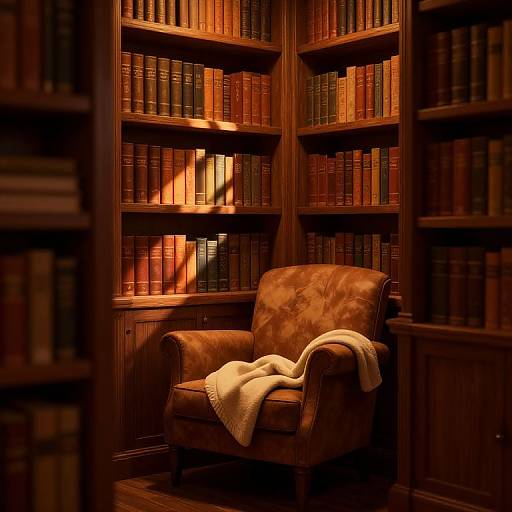 Photograph of a cozy library corner with a brown leather armchair draped in a white blanket, surrounded by wooden bookshelves filled with illuminated, colorful