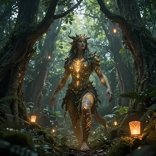 Digital artwork of a horned, glowing forest goddess with intricate golden armor, dark foliage, and ethereal lanterns in a misty, enchanted forest
