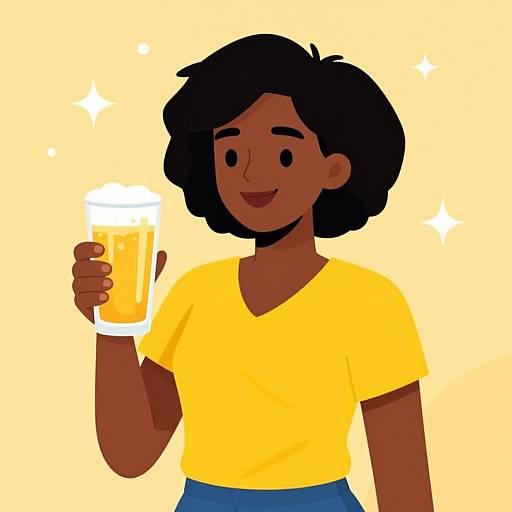 Digital illustration of a smiling Black woman with short curly hair, wearing a yellow shirt and blue pants, holding a frothy beer glass against a yellow background