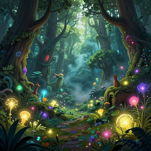 Dreamy forest scene: glowing mushrooms, colorful fireflies, mythical creatures, enchanted path, misty light, lush greenery, vibrant colors, digital