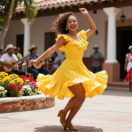 Photograph of joyful Black woman dancing in bright yellow dress, curly hair, brown heels, sunny courtyard, musicians, colorful flowers, colonial-style architecture.