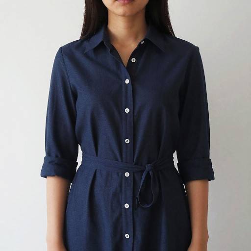 Photograph of an Asian woman with long black hair, wearing a navy blue button-up dress with white buttons and a tied waist, against a plain white