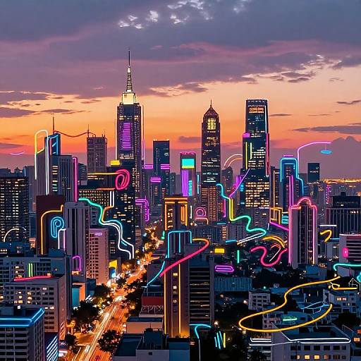 Digital art of a neon-lit city skyline at sunset, featuring colorful, glowing skyscrapers with vibrant, swirling light trails and a street filled with