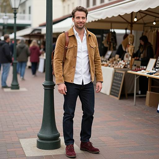 Photograph of a bearded man with short dark hair, wearing a tan suede jacket, white shirt, black pants, and maroon shoes, standing