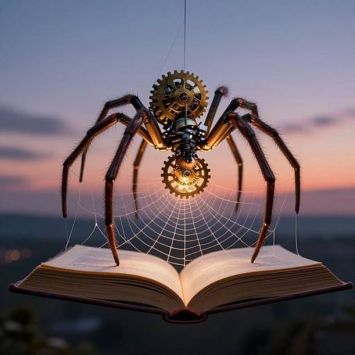 Photograph of a mechanical spider with gears and glowing eyes, hanging above an open book on a web, against a twilight sky.