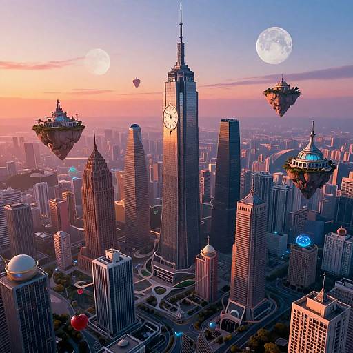 CGI cityscape at sunset with futuristic floating islands, tall skyscrapers, illuminated streets, two moons in the sky, and vibrant orange-pink