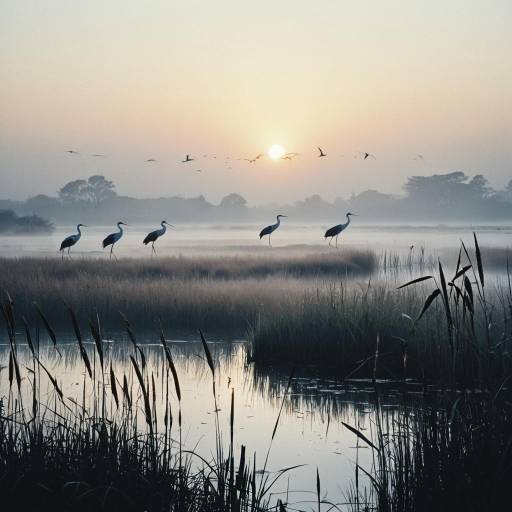 Misty Marsh Sunrise with Cranes