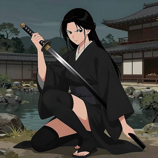Asian Woman in Black Kimono with Katana