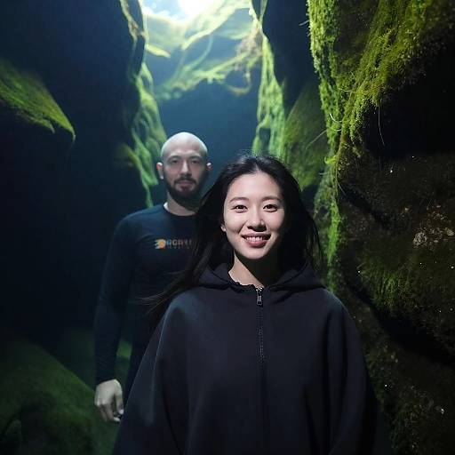 Sunlit Underwater Cave with Two Figures