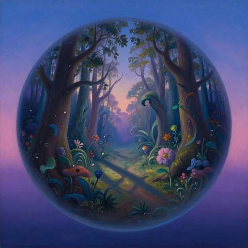 Digital painting of a magical forest scene within a glowing, transparent sphere. Vibrant, multicolored flowers, tall trees, and soft twilight sky