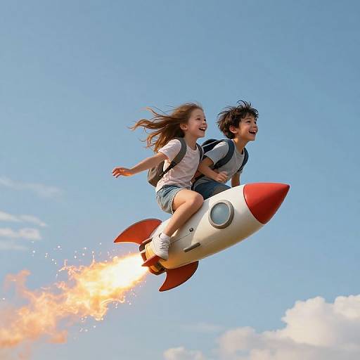 Photograph of a joyful boy and girl riding a red and white cartoon rocket against a clear blue sky, with orange rocket exhaust trailing behind.