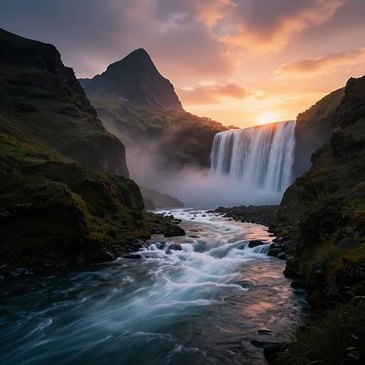 Fantasy Landscape with Waterfall Sunset