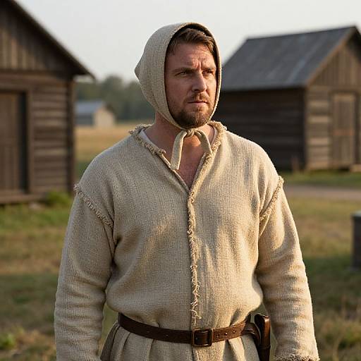 Photograph of a bearded man in a beige, hooded, medieval-style tunic, standing in a rural field with wooden buildings in the background