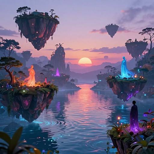 Digital fantasy artwork of floating islands at sunset, featuring glowing orange and blue luminescent creatures, a silhouetted figure, and a serene,