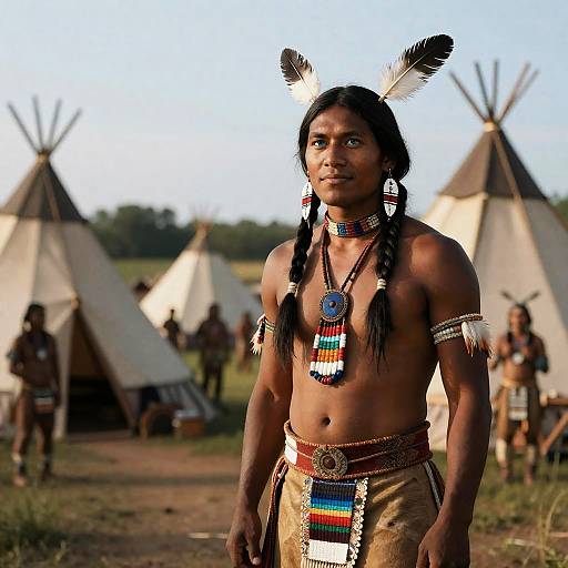 Native American Man in Traditional Attire with Feathers
