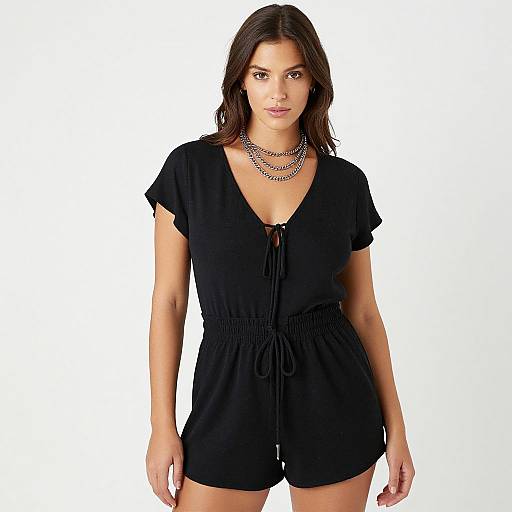 Photograph of a young woman with long dark hair, wearing a black V-neck romper, layered necklaces, standing against a white background.