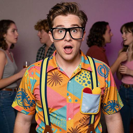 Photograph: Shocked white man with glasses, colorful tie-dye shirt, suspenders, pocketed red handkerchief, surrounded by casually dressed
