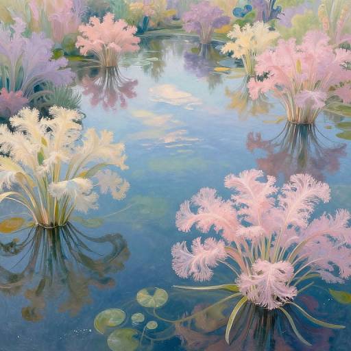 Whimsical digital painting of a tranquil pond with pink and white flowers, reflecting on the water, surrounded by green lily pads. Bright, past