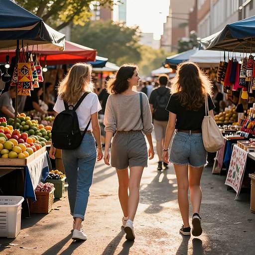 Photograph of three women walking down a sunlit outdoor market with colorful fruit stalls, wearing casual summer clothes, backpacks, and carrying bags.