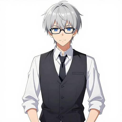 Anime-style digital drawing of a young man with silver hair, blue eyes, black glasses, black vest, white shirt, and black tie.