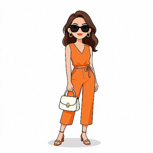 Digital illustration of a stylish woman with wavy brown hair, wearing large black sunglasses, orange jumpsuit, white handbag, and red sandals.