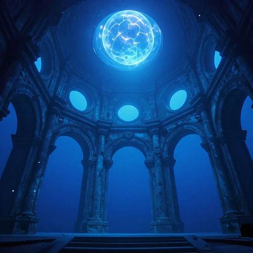 Photograph of a dimly lit, blue-hued, ancient stone dome with large arches and glowing circular windows, featuring a luminous, glowing