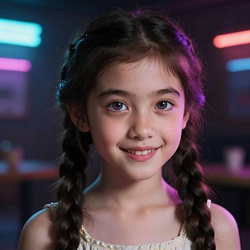 Photograph of a young girl with fair skin, dark braided hair, and large blue eyes, smiling softly in a dimly lit, neon-l