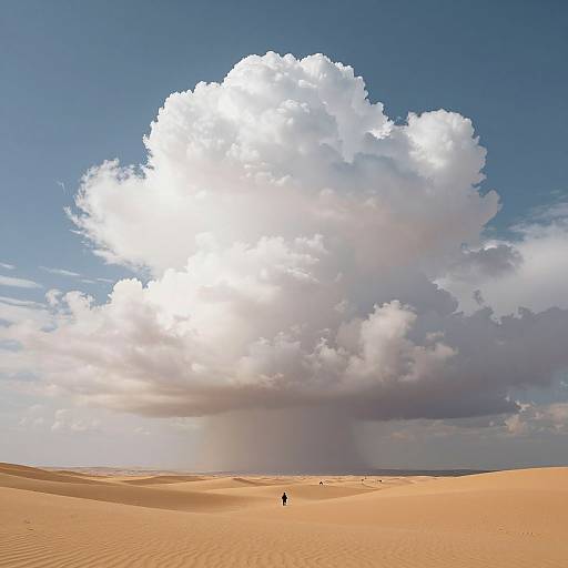Photograph of vast desert with rippling sand dunes under a massive, bright white cumulus cloud against a blue sky. Small figure walks in the