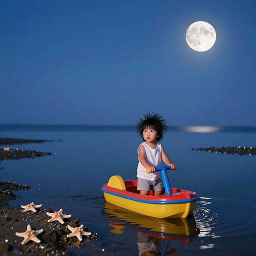 Child on Toy Paddle Boat at Night