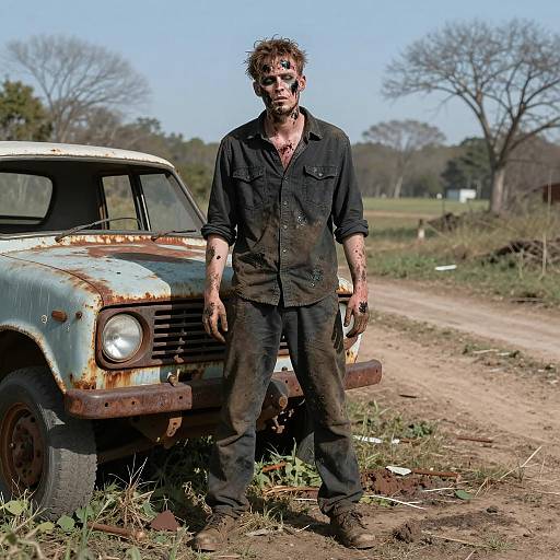 Zombie Man Standing by Rusted Vehicle