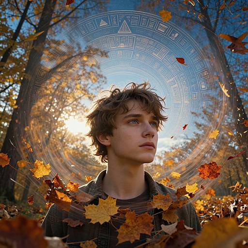 Photograph of a young man with messy brown hair, blue eyes, and a serious expression, surrounded by autumn leaves and a glowing, circular geometric pattern