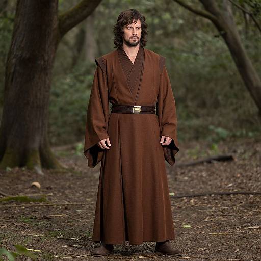 Photograph of a bearded man with long dark hair standing in a forest, wearing a brown, belted, Jedi-like robe.