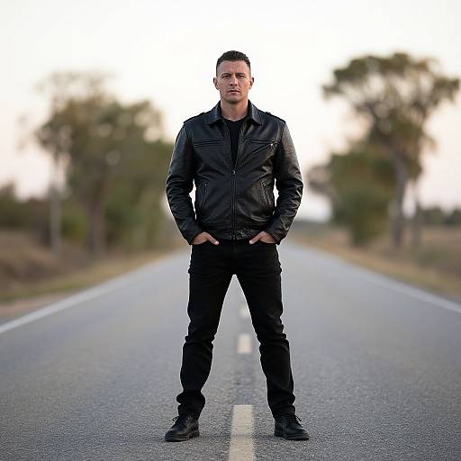 Photograph of a tall, serious-looking man in black leather jacket and pants, standing confidently on a deserted road with hands in pockets. Blurred trees
