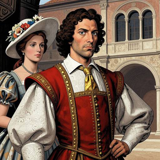 Digital artwork of a serious man in Renaissance attire with curly hair, red vest, white shirt, and gold tie, standing beside a woman in a blue