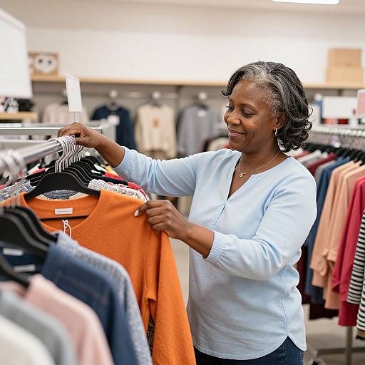 Photograph of a smiling Black woman with short gray hair, wearing a white blouse, browsing and holding an orange shirt in a brightly lit clothing store.