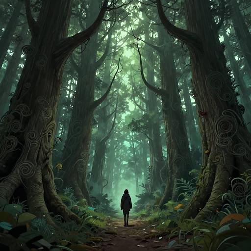 Digital artwork of a solitary figure in a mystical, towering forest with glowing green light filtering through dense, twisted trees and lush foliage.